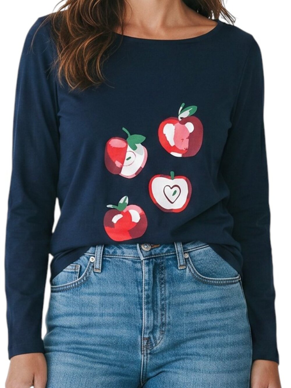 LOFT Outlet Navy Long Sleeve Shirt with 4 Red Modern Design Apples - Size Small